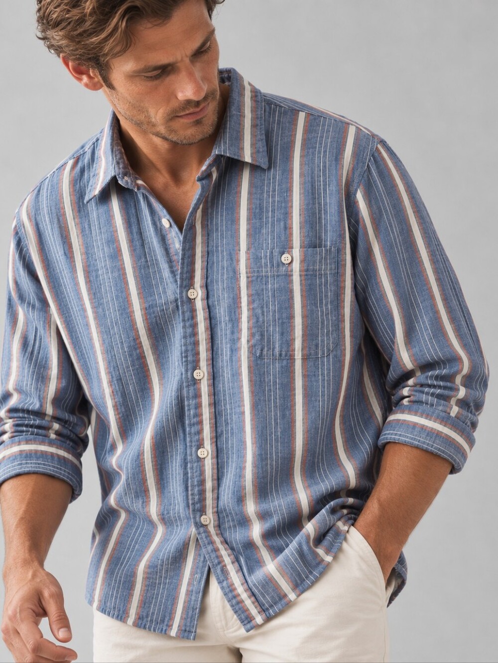L.L. Bean Traditional Fit Blue Striped Button Front Shirt Mens Size Large